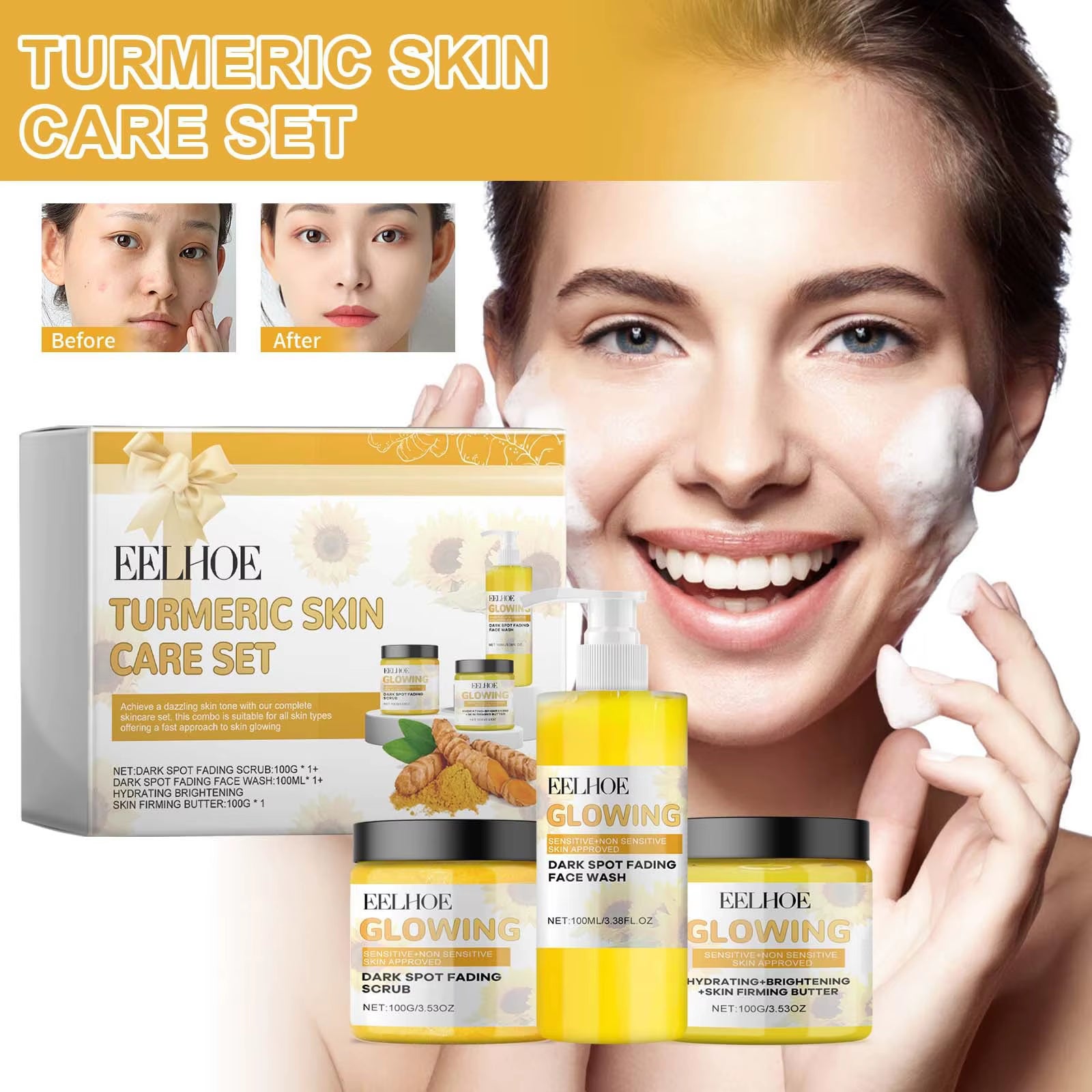 Turmeric Face Skin Care Set Temeric Cream Cleaning Face Wash Oil Control Nourishing Skin Exfolianting Cream Face Purifying Cream